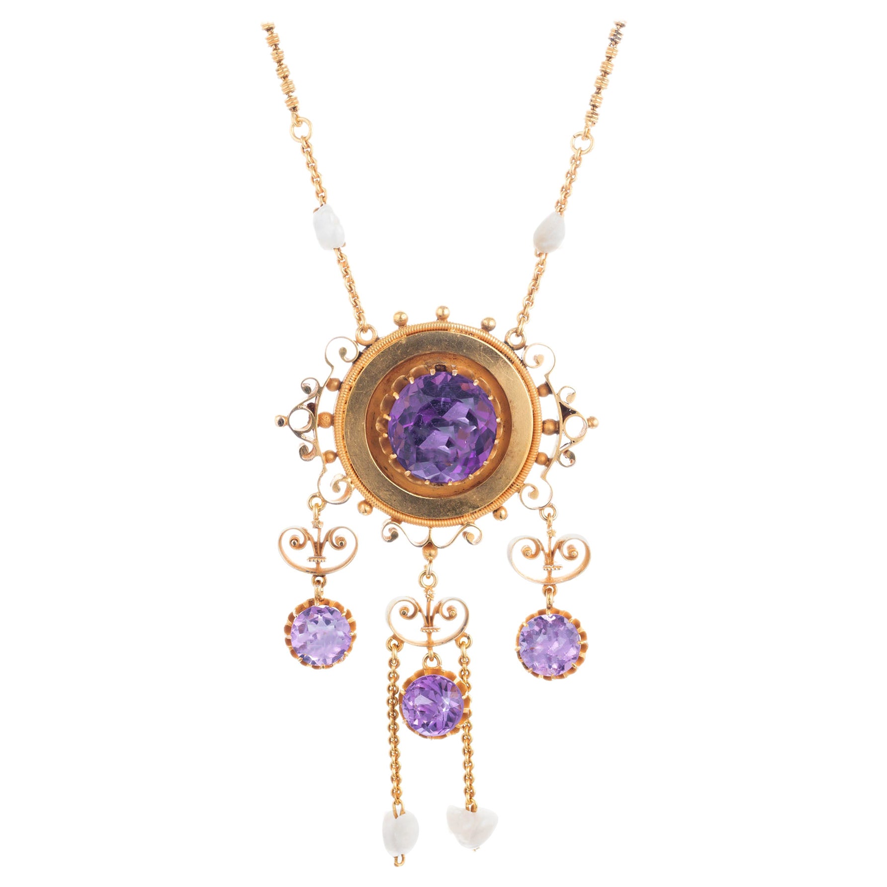 Pearl and Round Amethyst Gold Pendant Necklace For Sale at 1stDibs