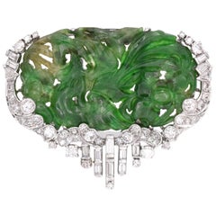 Art Deco Carved Jade Brooch