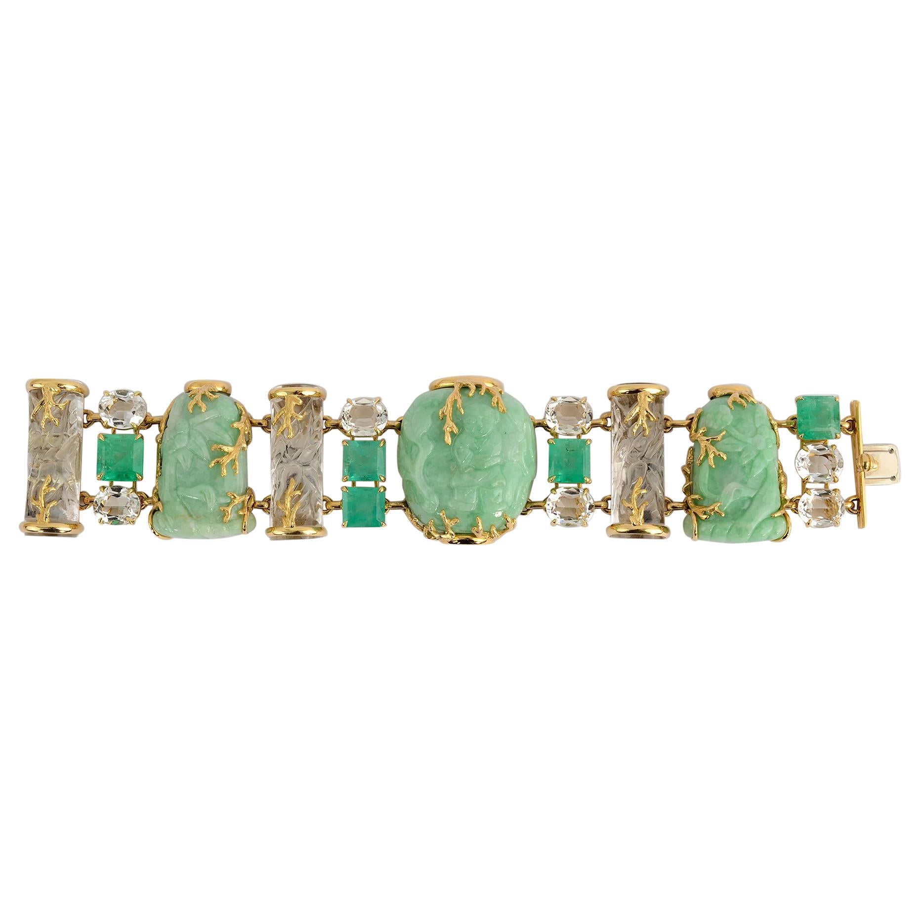 Seaman Schepps Jade, Rock Crystal and Emerald Gold Snuff Bottle Bracelet