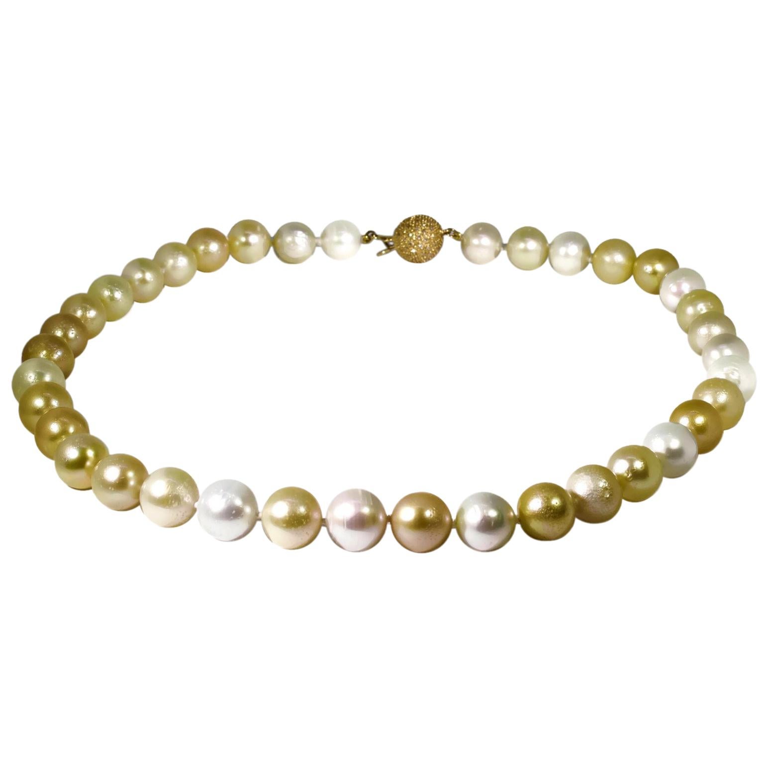 Golden and White South Sea Pearl Necklace with a 14 Karat Gold Diamond Clasp For Sale