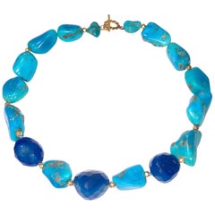 Sleeping Beauty Turquoise Nuggets With Blue Onyx and 18k Gold Clasp and Beads