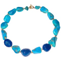 Sleeping Beauty Turquoise Nuggets With Blue Onyx and 18k Gold Clasp and Beads