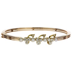Bracelet jonc ancien en or rose 15 carats avec diamant européen ancien et perles d'eau de mer