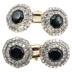 Art Deco Onyx Platinum Diamond and Gold Hexagonal Cufflinks