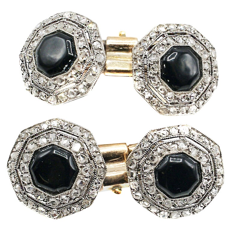 Art Deco Onyx Platinum Diamond and Gold Hexagonal Cufflinks For Sale at ...