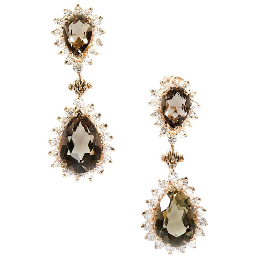 6.50 Carat Smoky Brown Topaz Diamond Yellow Gold Dangle Earrings