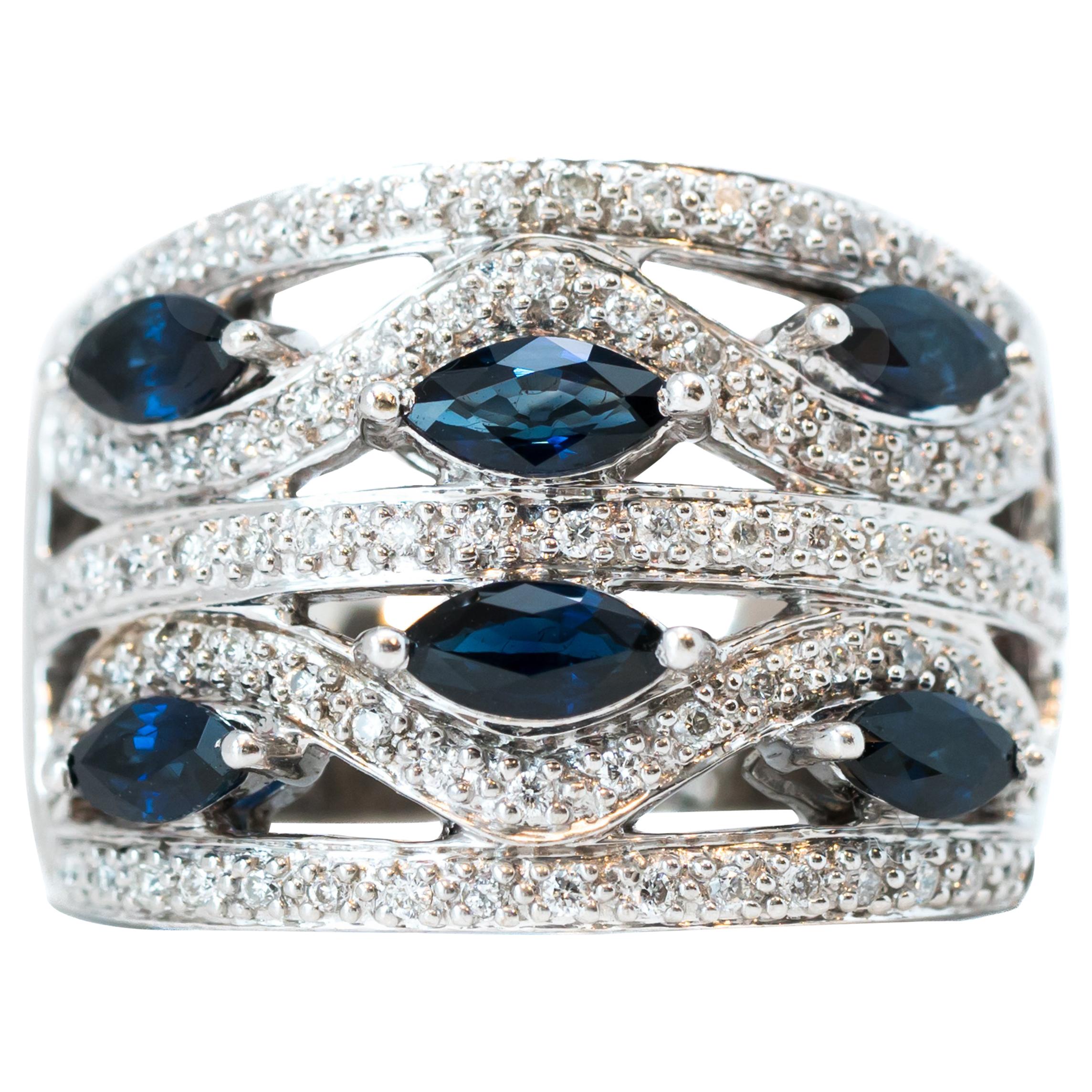 Blue Sapphire and Diamond 14 Karat White Gold Cocktail Ring