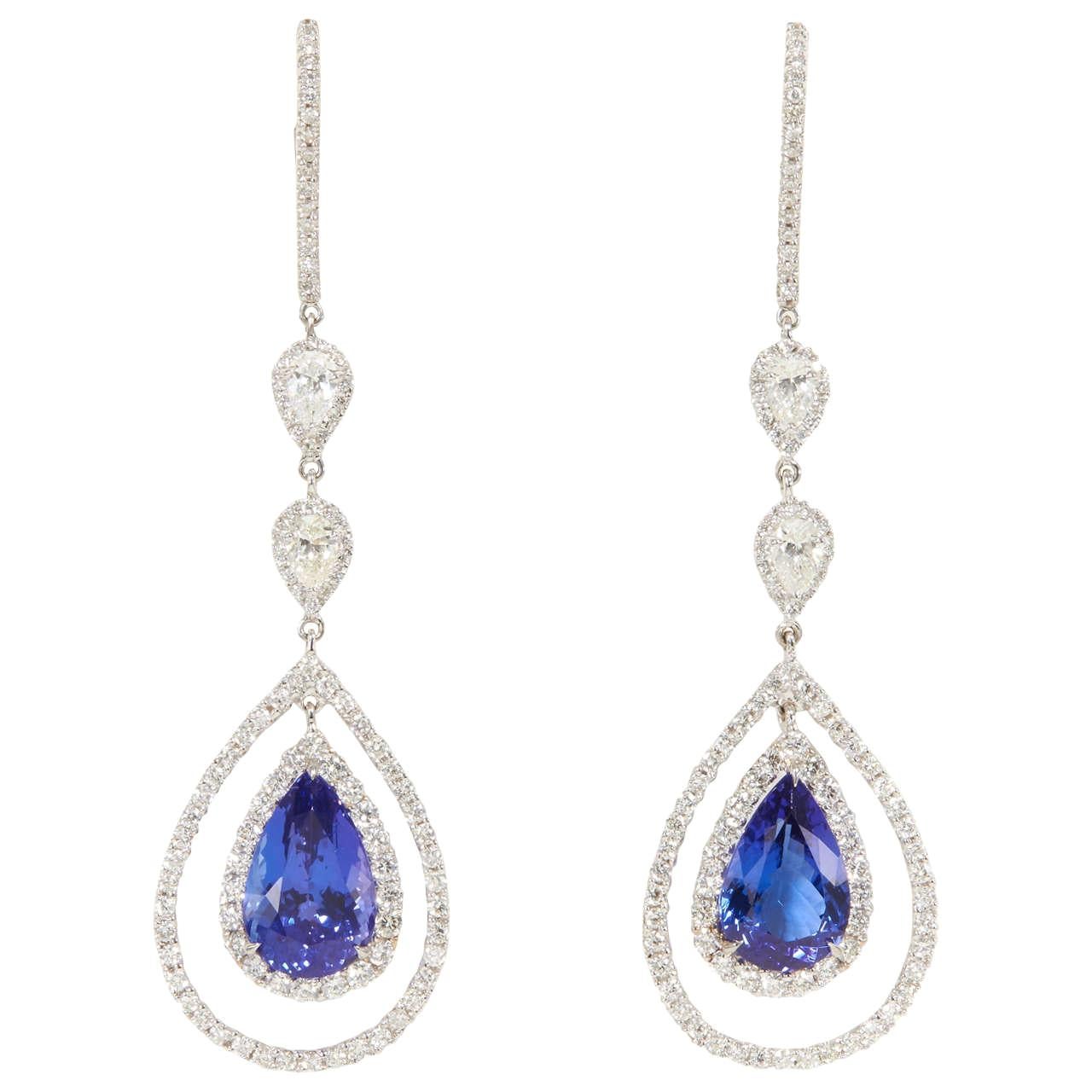 Rare Royal Blue Tanzanite Diamond Gold Drop Earrings