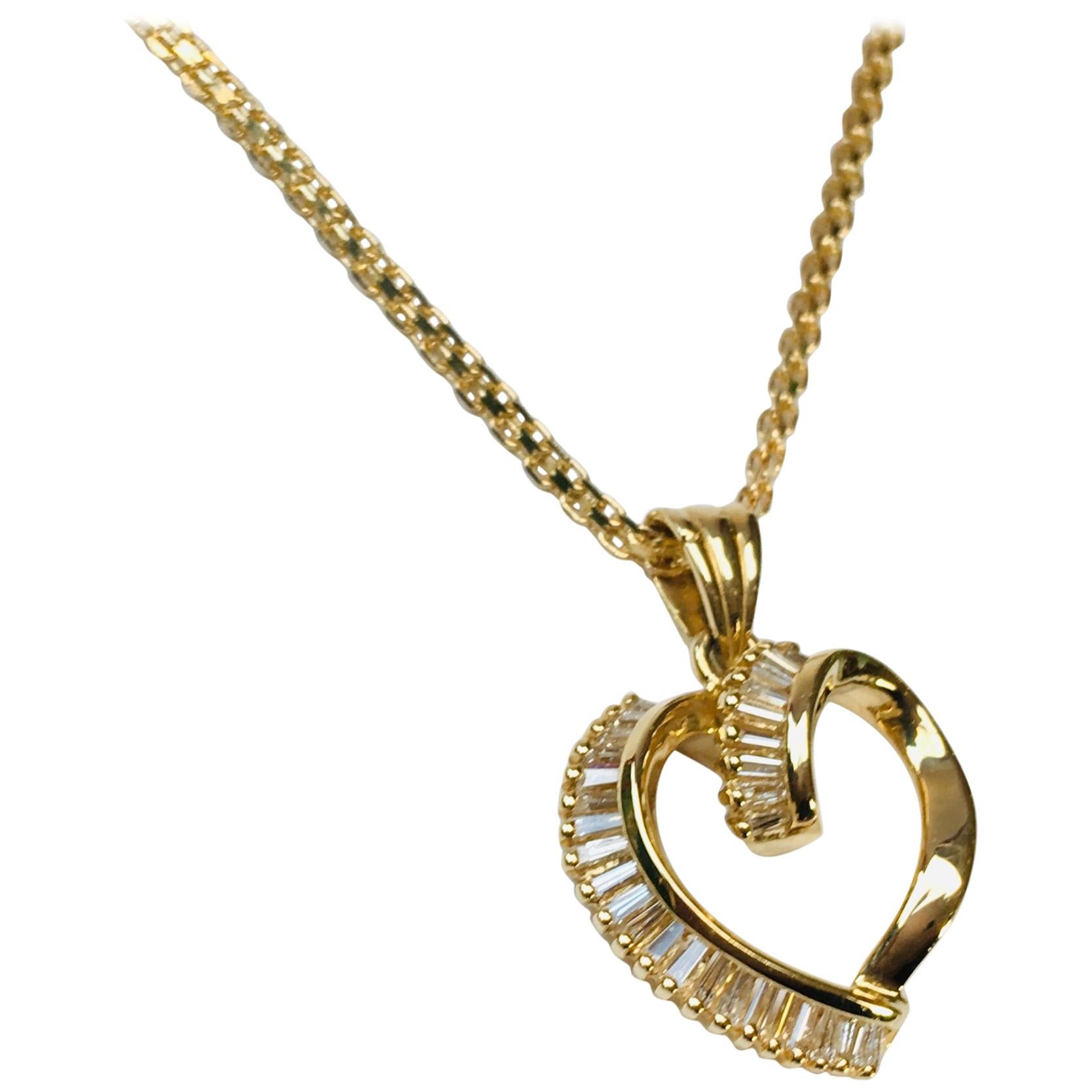 1 Carat Diamond Baguette Swirling Ribbon Heart Pendant 14 Karat Gold with Chain