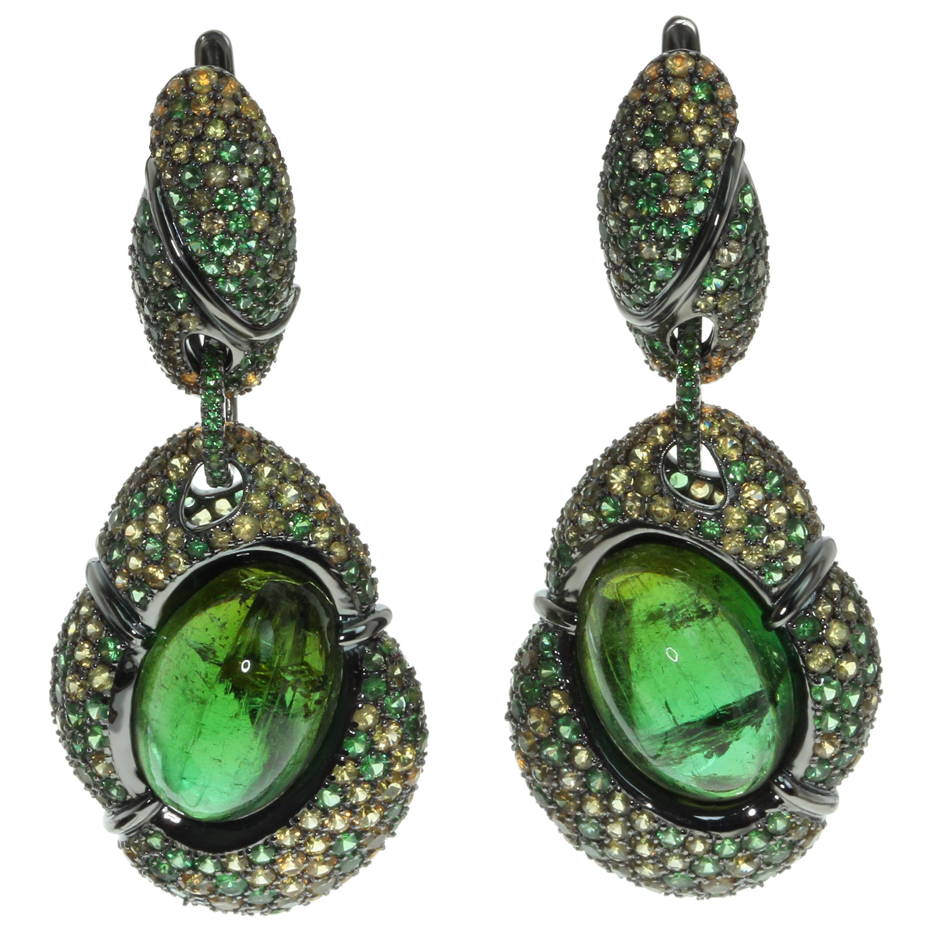 Green Tourmaline Yellow Sapphire Tsavorite 18 Karat Black Gold Earrings For Sale