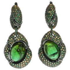 Green Tourmaline Yellow Sapphire Tsavorite 18 Karat Black Gold Earrings