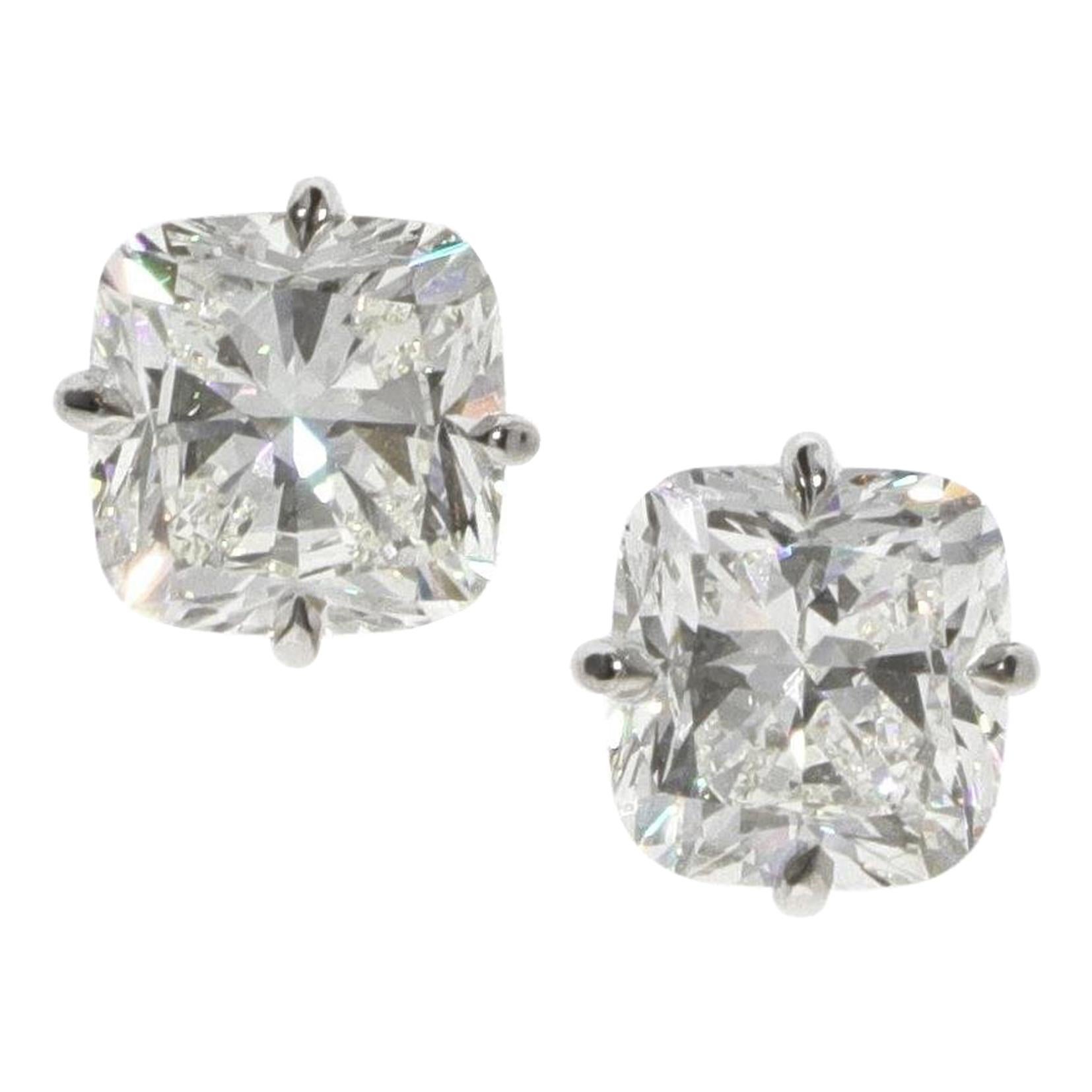 GIA 3.15 and 3.49 Carat Cushion Brilliant Diamond Gold Stud Earrings For Sale