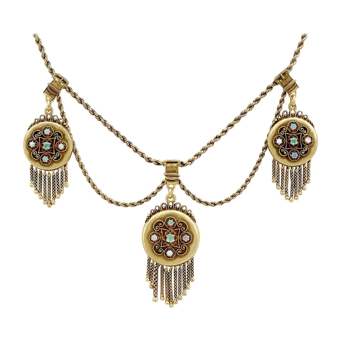 Viktorianische Medaillon-Halskette aus Gelbgold mit Smaragd und Opal, drei Medaillons