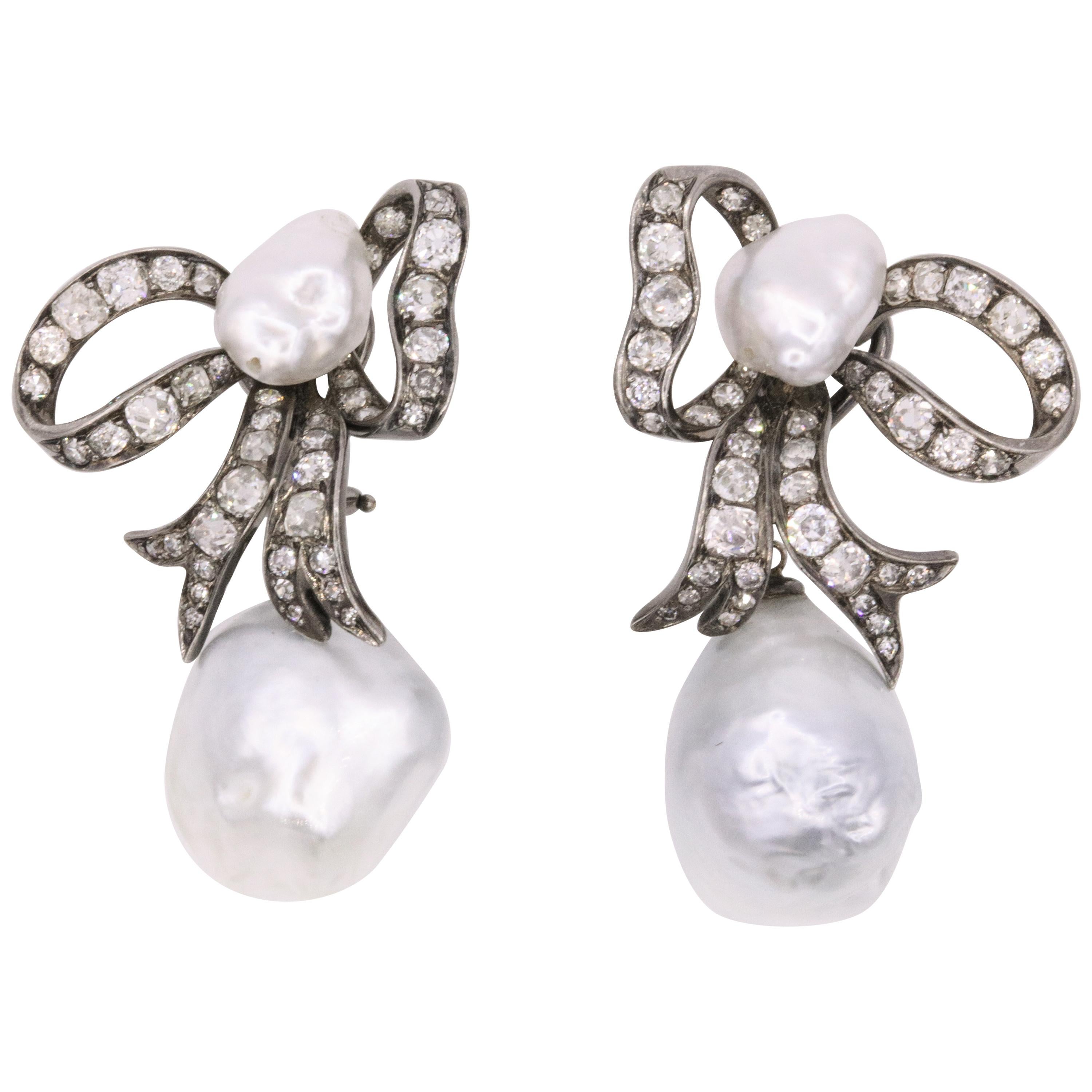 Edwardian Diamond Keshi South Sea Pearl Earrings Platinum