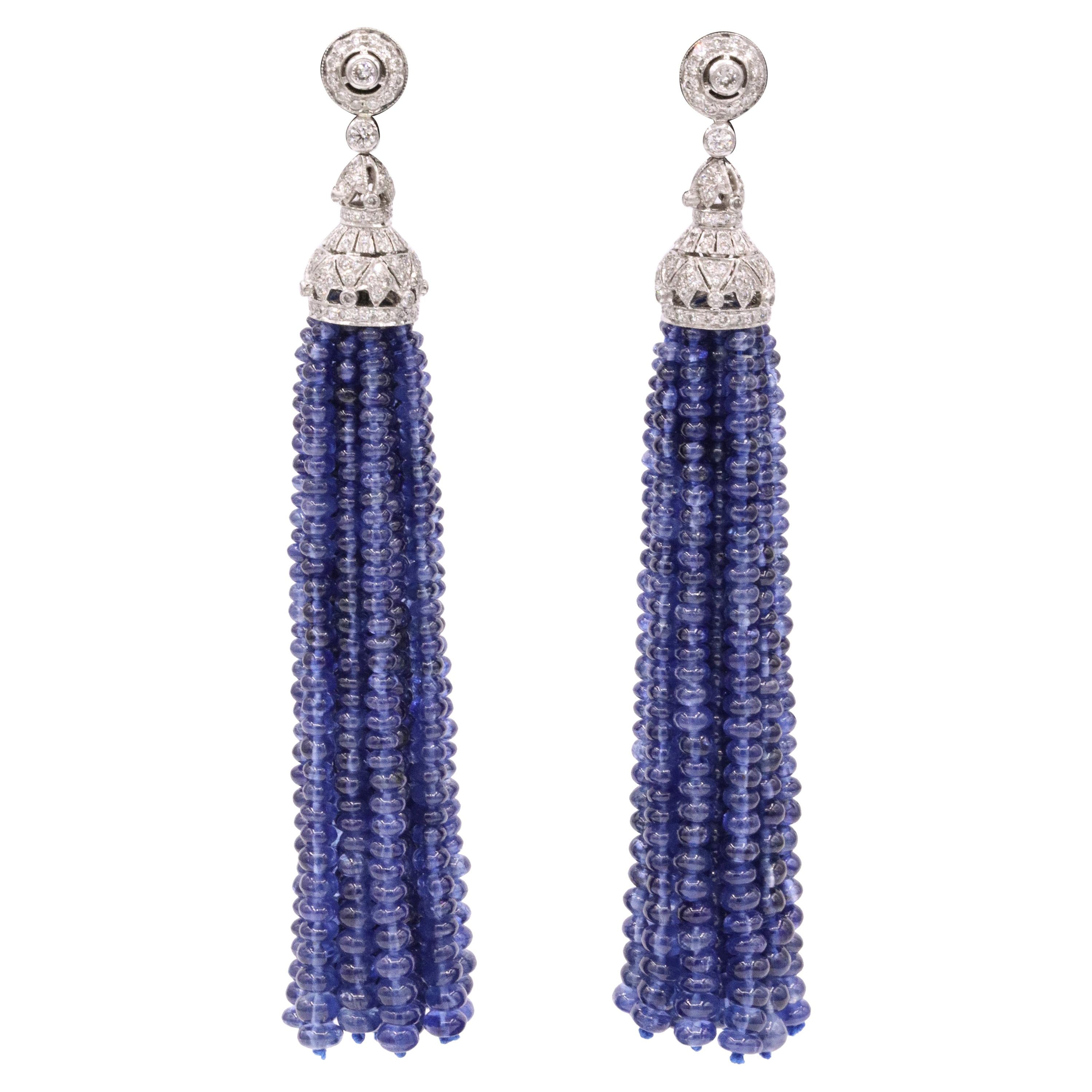Sapphire Diamond Tassel Earrings 150 Carat 18 Karat White Gold For Sale