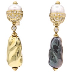 Italian South Sea Diamond Reversible Earrings 18 Karat Yellow Gold