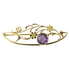 Vintage 10 Karat Yellow Gold and Amethyst Brooch or Pin