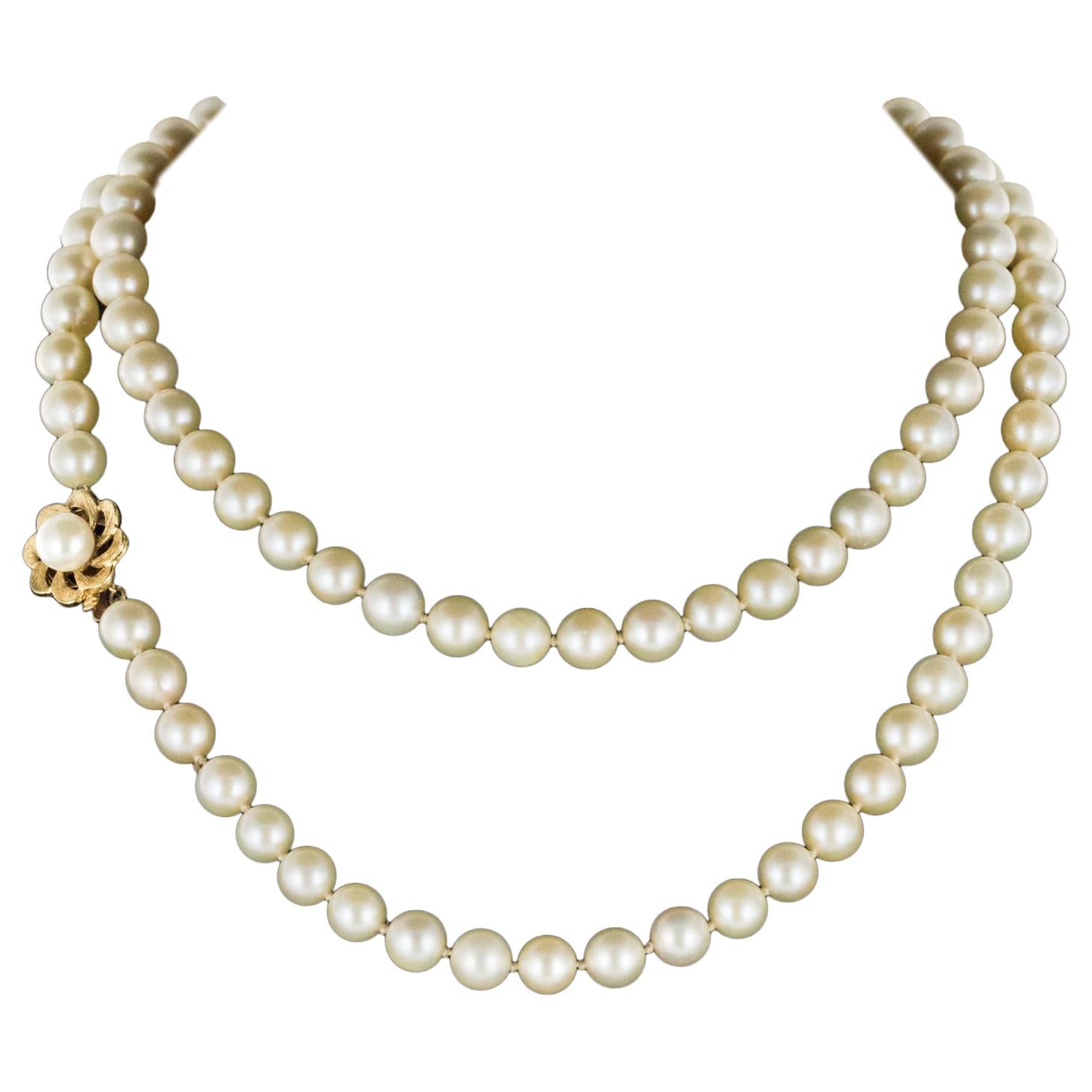 1960s Cultured Pearl Yellow Gold Clasp Choker Necklace