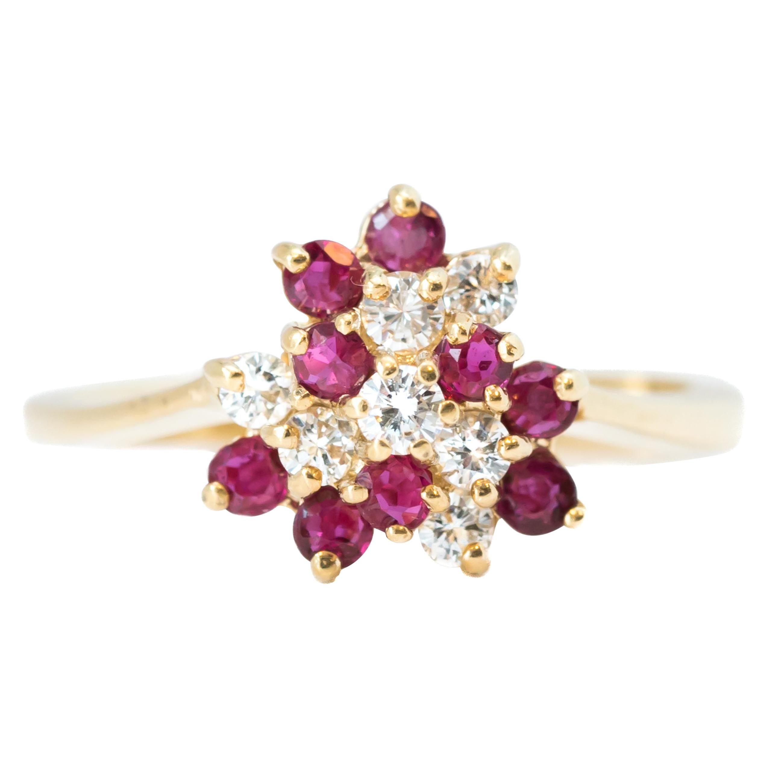 1950s Ruby and Diamond Cluster 14 Karat Yellow Gold Ring