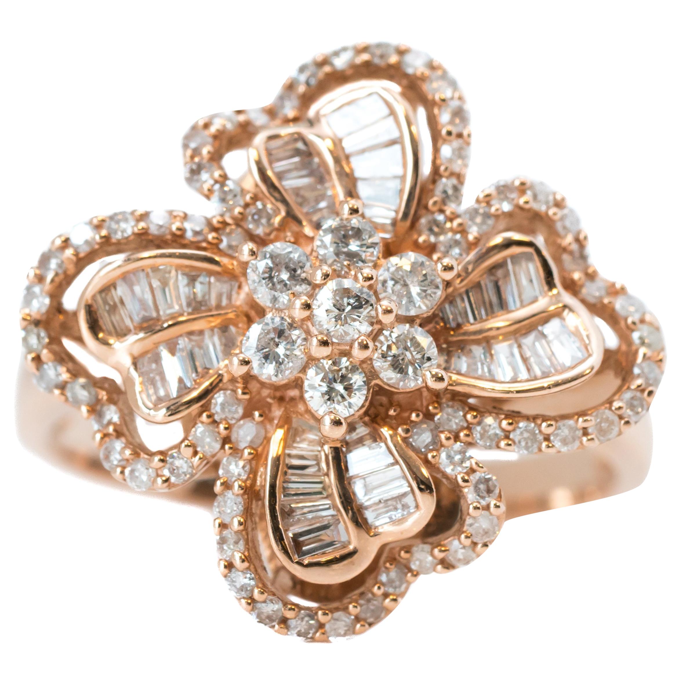 1 Carat Diamond and 14 Karat Rose Gold Floral Ring
