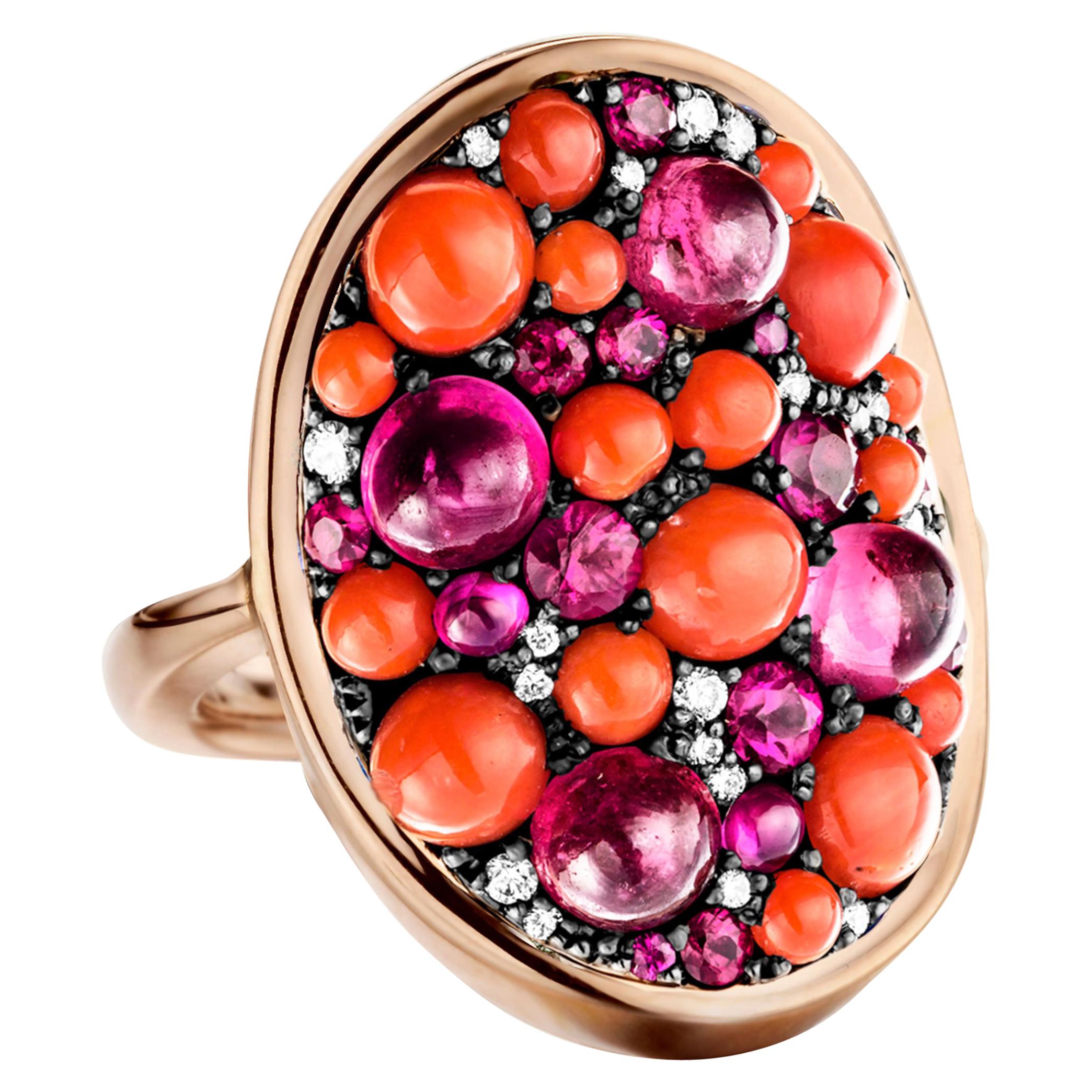 Joke Quick Coral, 2, 53 carat Ruby & Diamond Pave Cocktail Ring