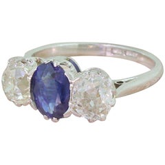 Vintage Art Deco 1.13 Carat Sapphire & 1.27 Carat Old Cut Diamond Platinum Trilogy Ring