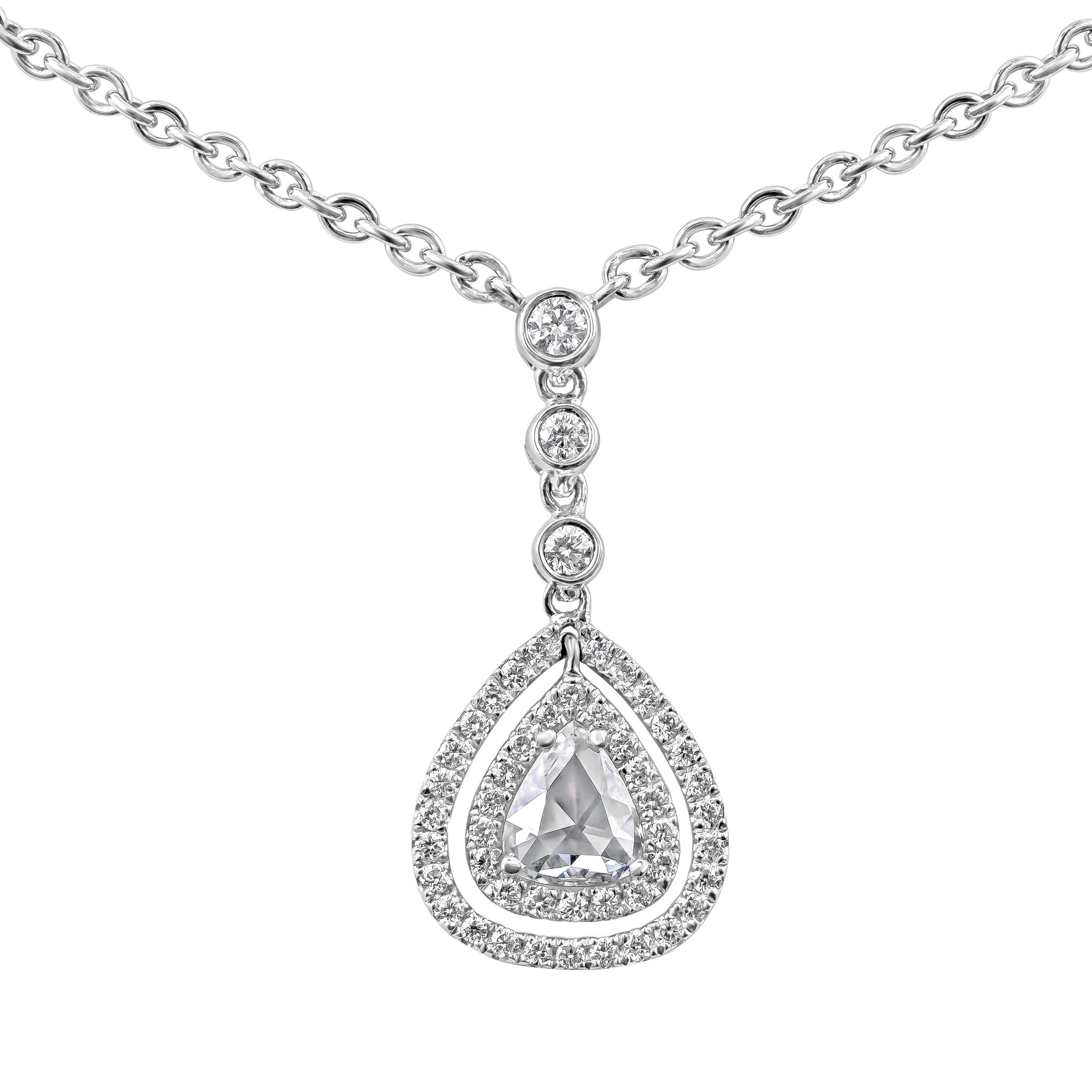 Roman Malakov, Rose Cut Pear Shape Diamond Double Halo Drop Pendant Necklace