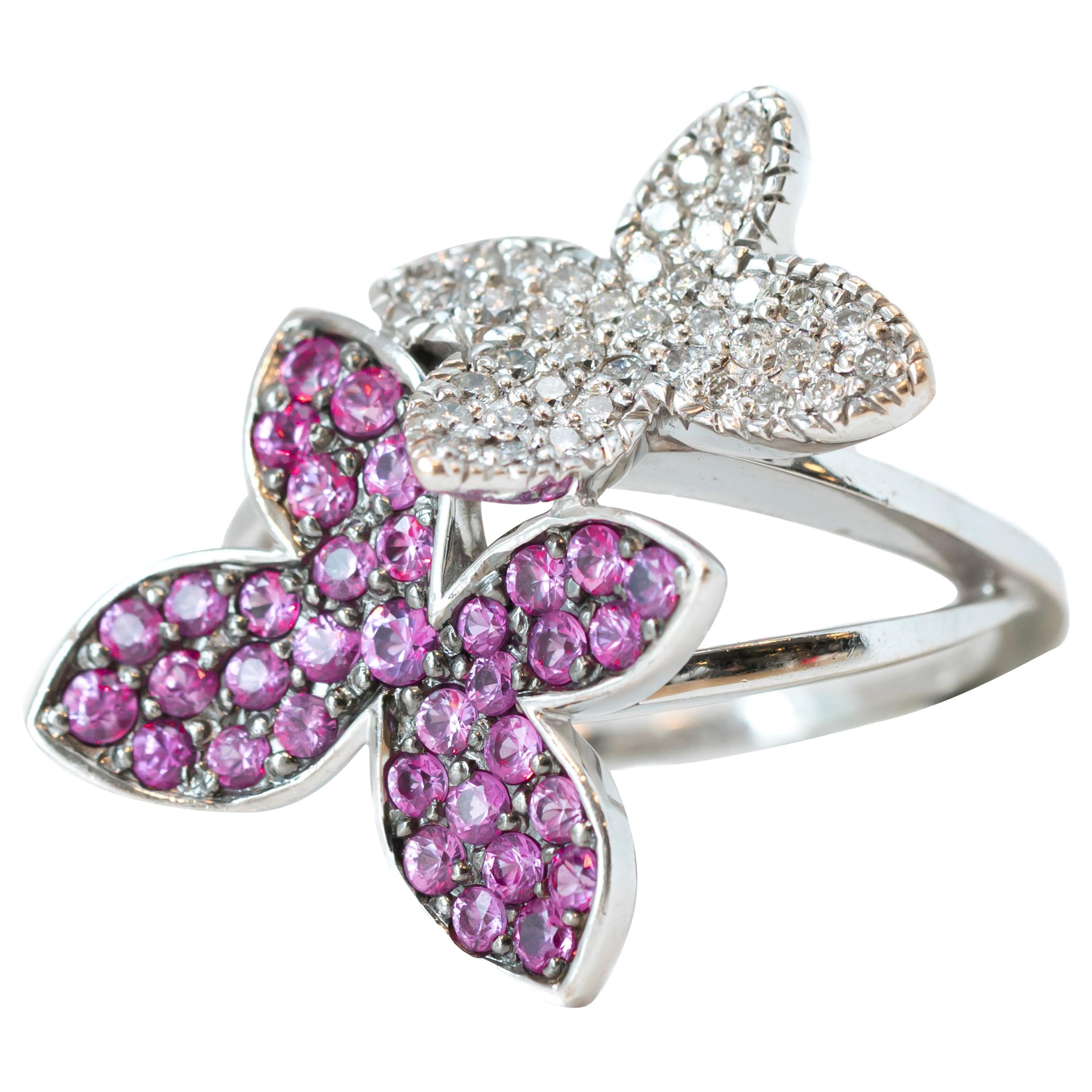 0.25 Carat Diamond and 0.25 Carat Pink Sapphire 14 Karat White Gold Floral Ring