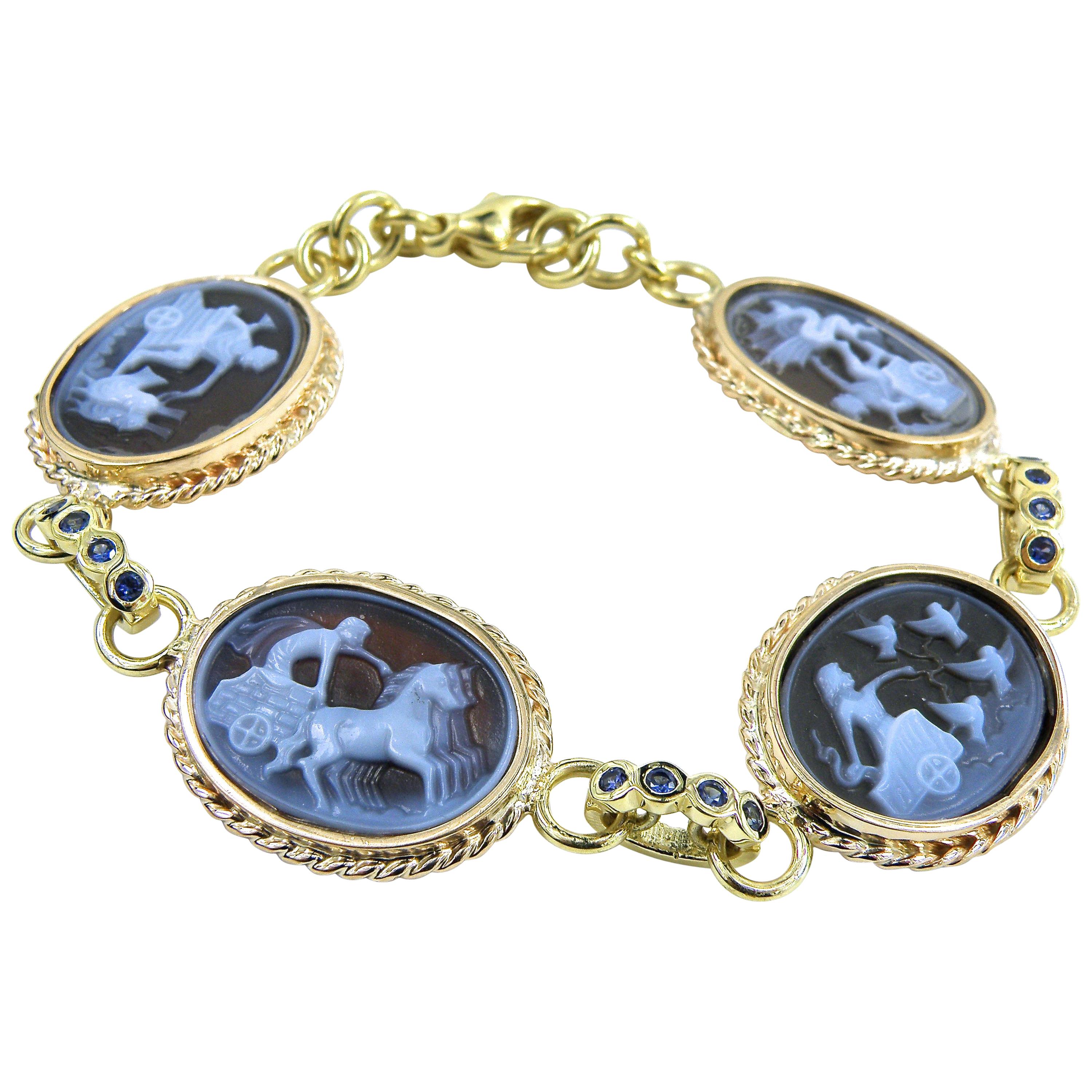 Antique Style “Days of the Week” Carved Agate Bracelet with Sapphire Bezelled Li