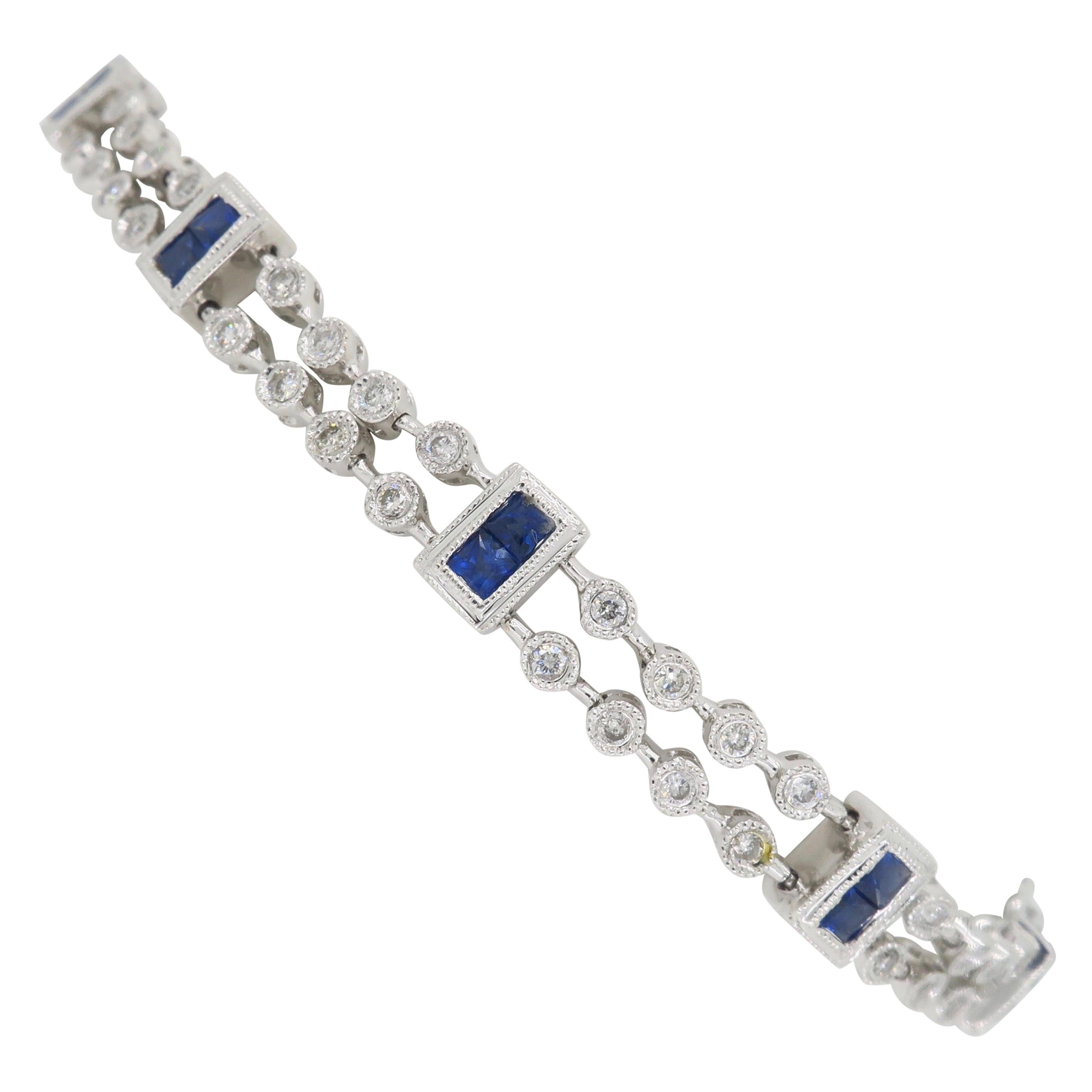 Diamond and Blue Sapphire Link Bracelet in 18 Karat White Gold
