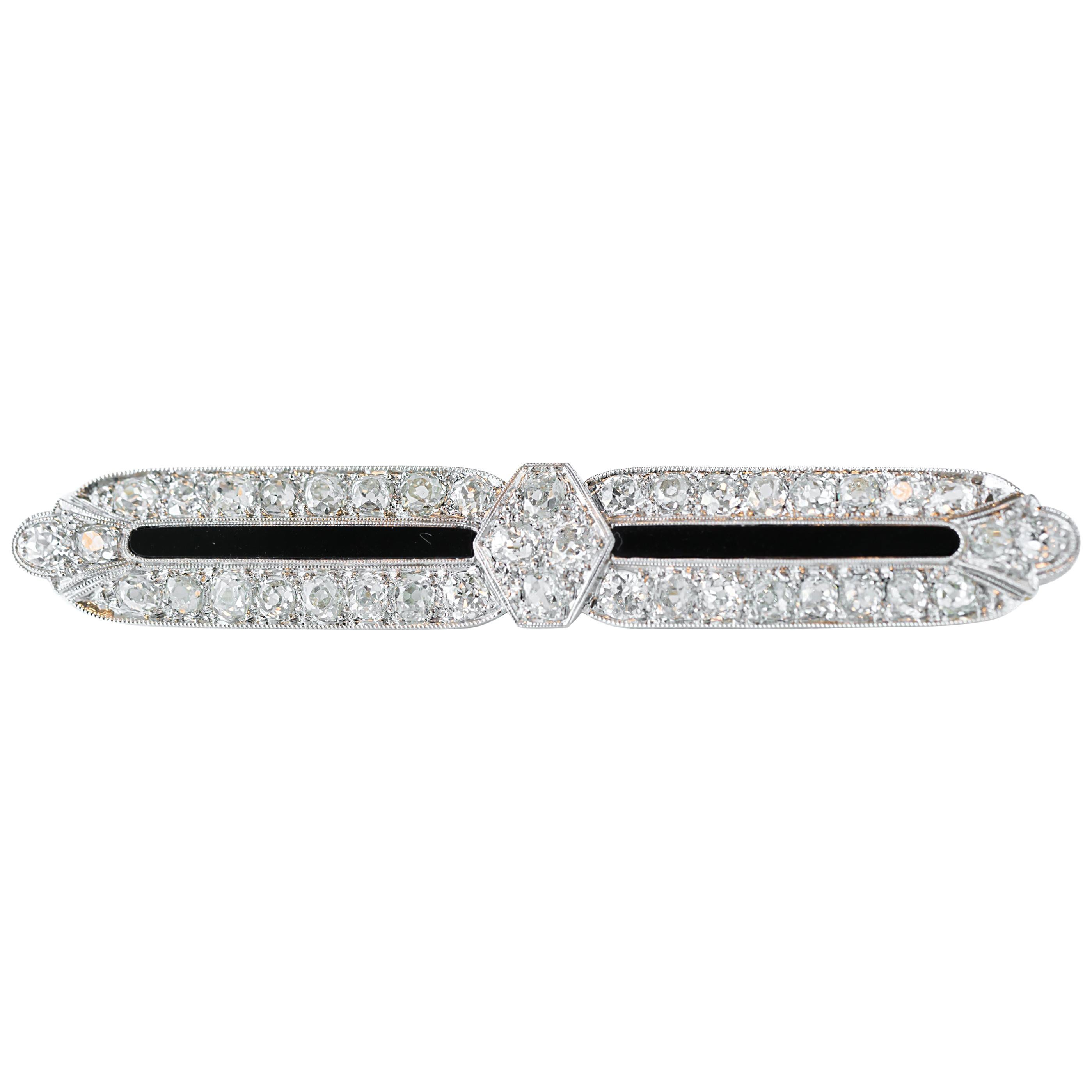 Tiffany & Co. 4 Carat Total Diamond and Onyx Platinum Bar Pin Brooch