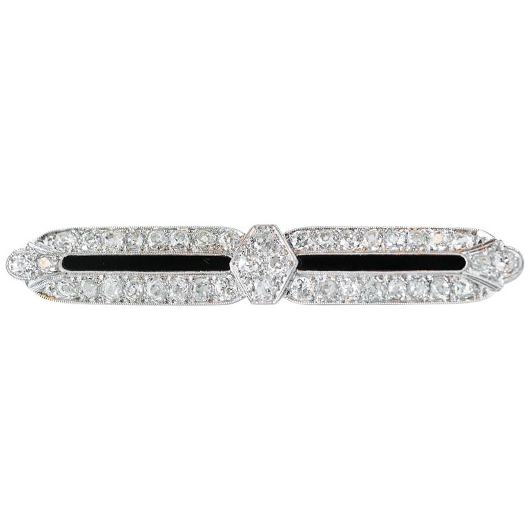 Tiffany & Co. 4 Carat Total Diamond and Onyx Platinum Bar Pin Brooch For Sale