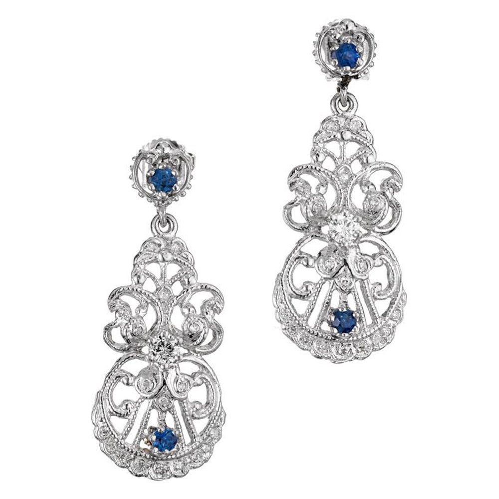 Ceylon Sapphire Round Diamond Platinum Dangle Earrings For Sale