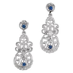 Ceylon Sapphire Round Diamond Platinum Dangle Earrings
