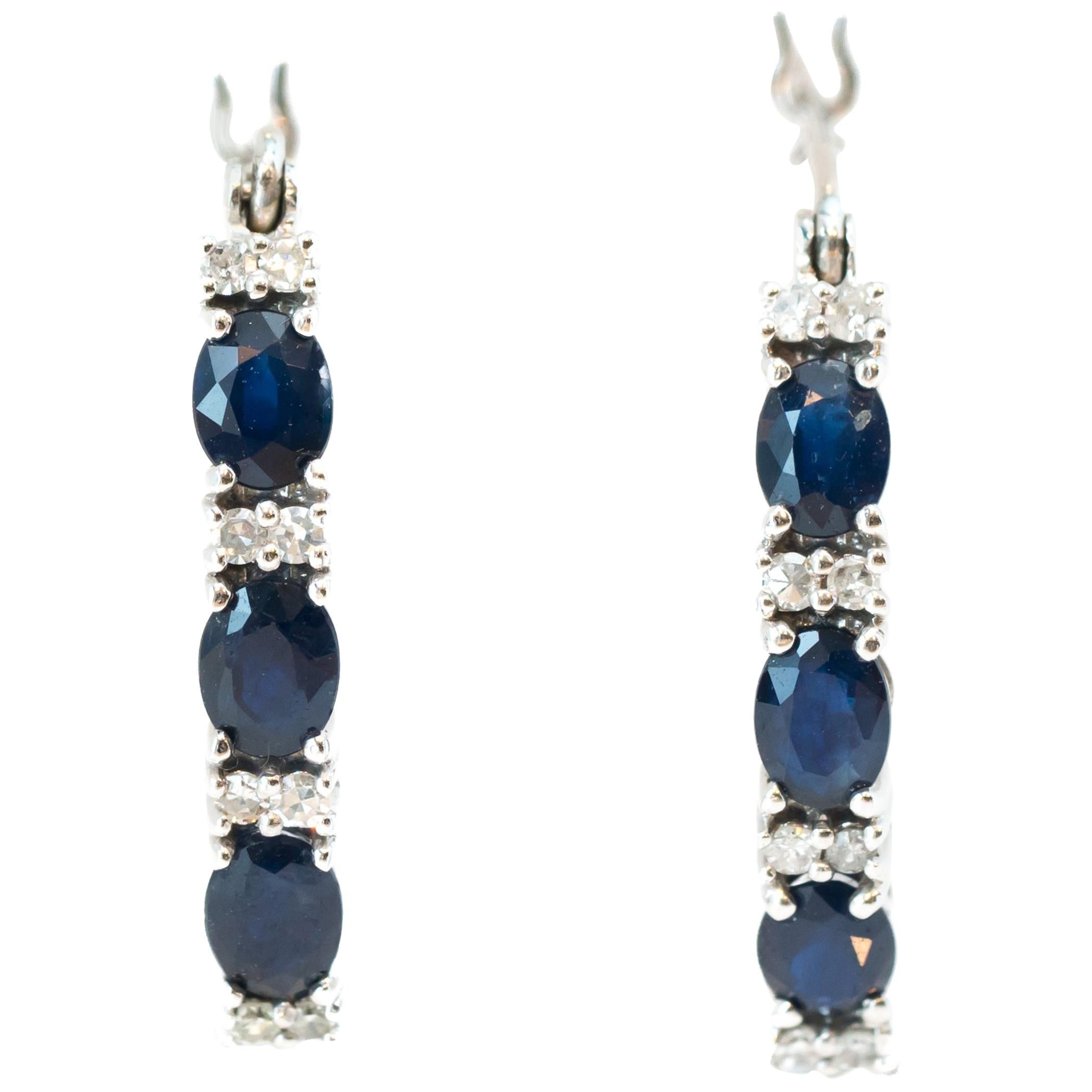 Blue Sapphire and Diamond White Gold Hoop Earrings For Sale