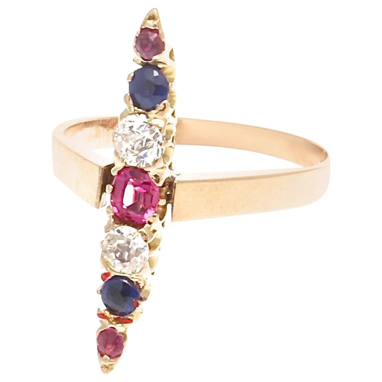 Victorian Sapphire Diamond Ruby Gold Navette Ring