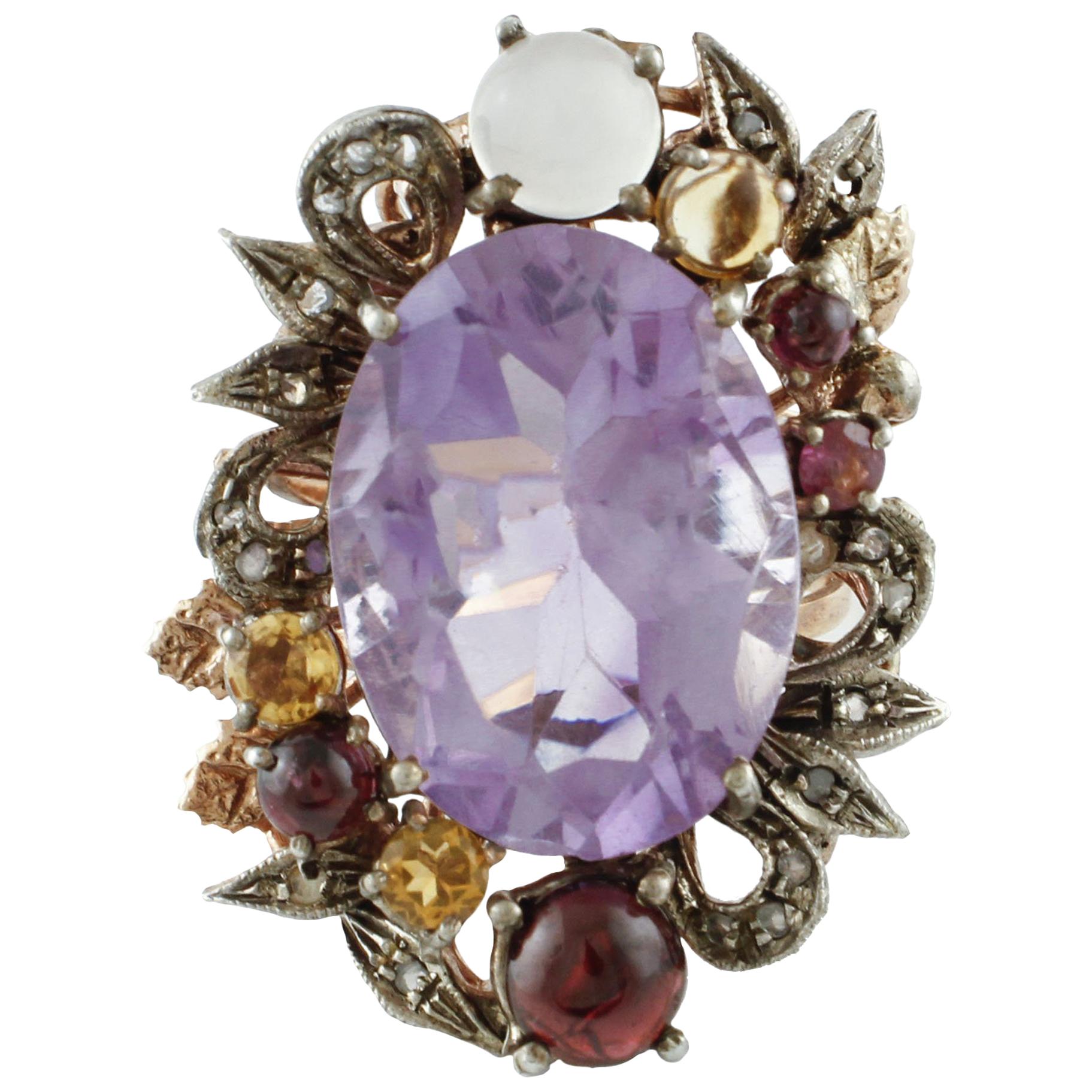Diamonds Amethyst Yellow Topazes, Garnets Moonstone Rose Gold and Silver Ring