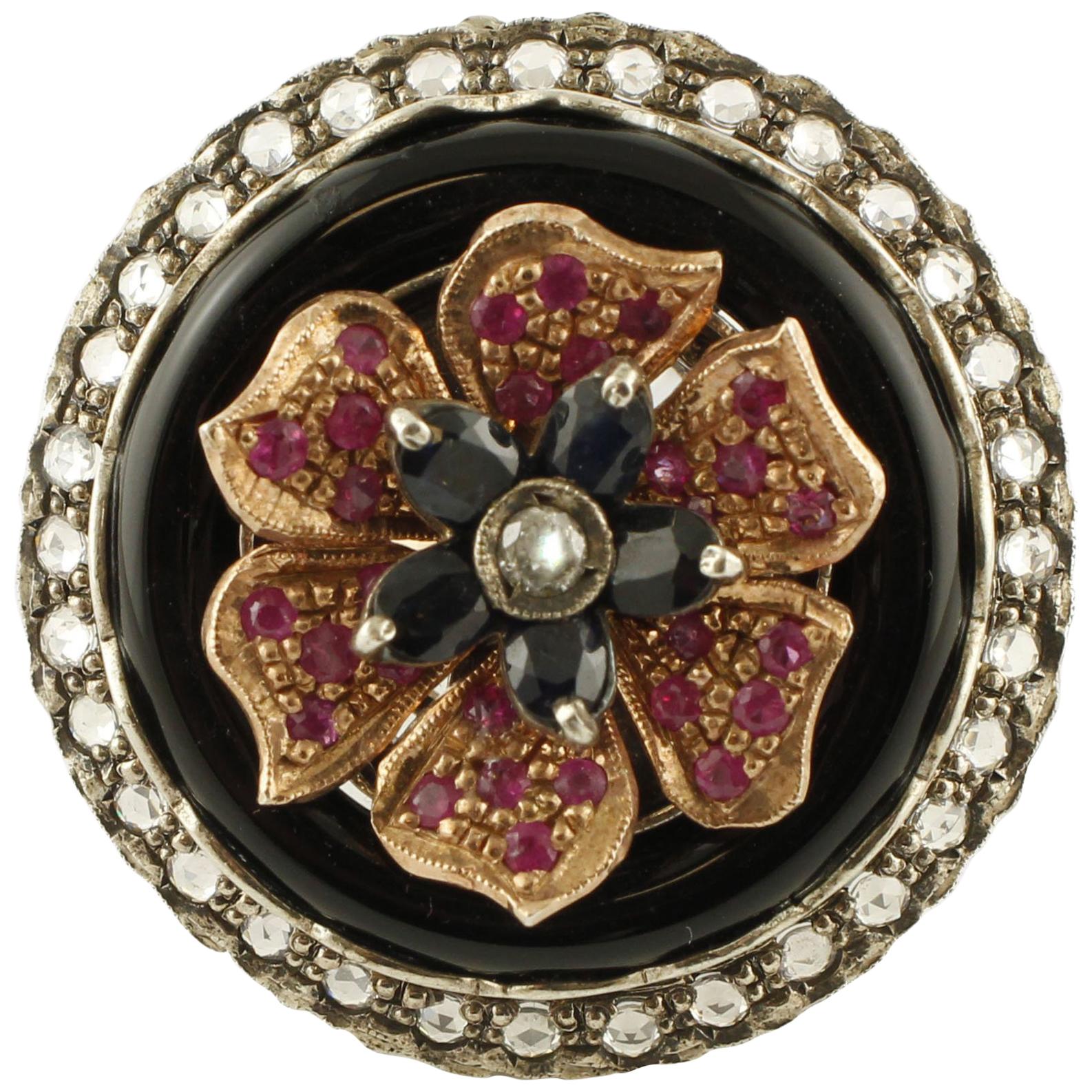 Blumenring aus Roségold und Silber mit Diamanten, Rubinen, australischem blauem Saphir, Onyx und Silber