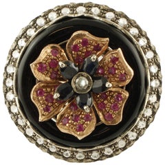 Vintage Diamonds Rubies Australian Blue Sapphire Onyx Rose Gold and Silver Flower Ring