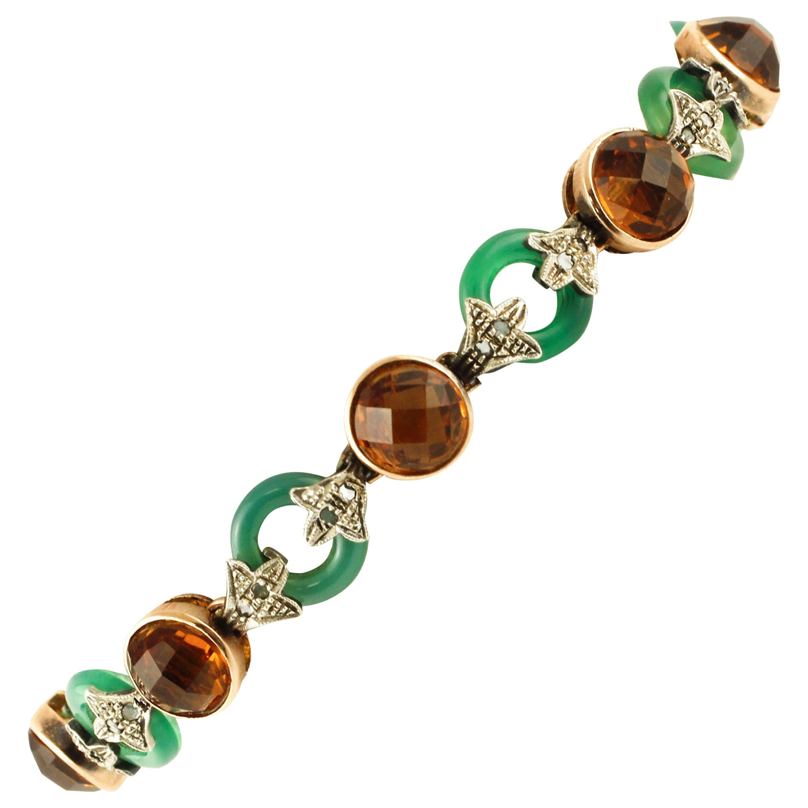 Diamonds Green Agate Rings Yellow Stones Rose Gold and Silver Link Bracelet