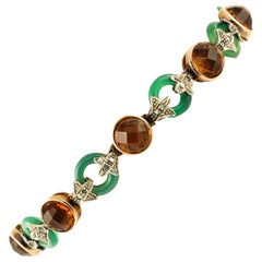 Diamantes Anillos de ágata verde Piedras amarillas Pulsera de eslabones de oro rosa y plata