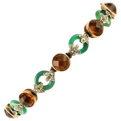 Vintage Diamonds Green Agate Rings Yellow Stones Rose Gold and Silver Link Bracelet