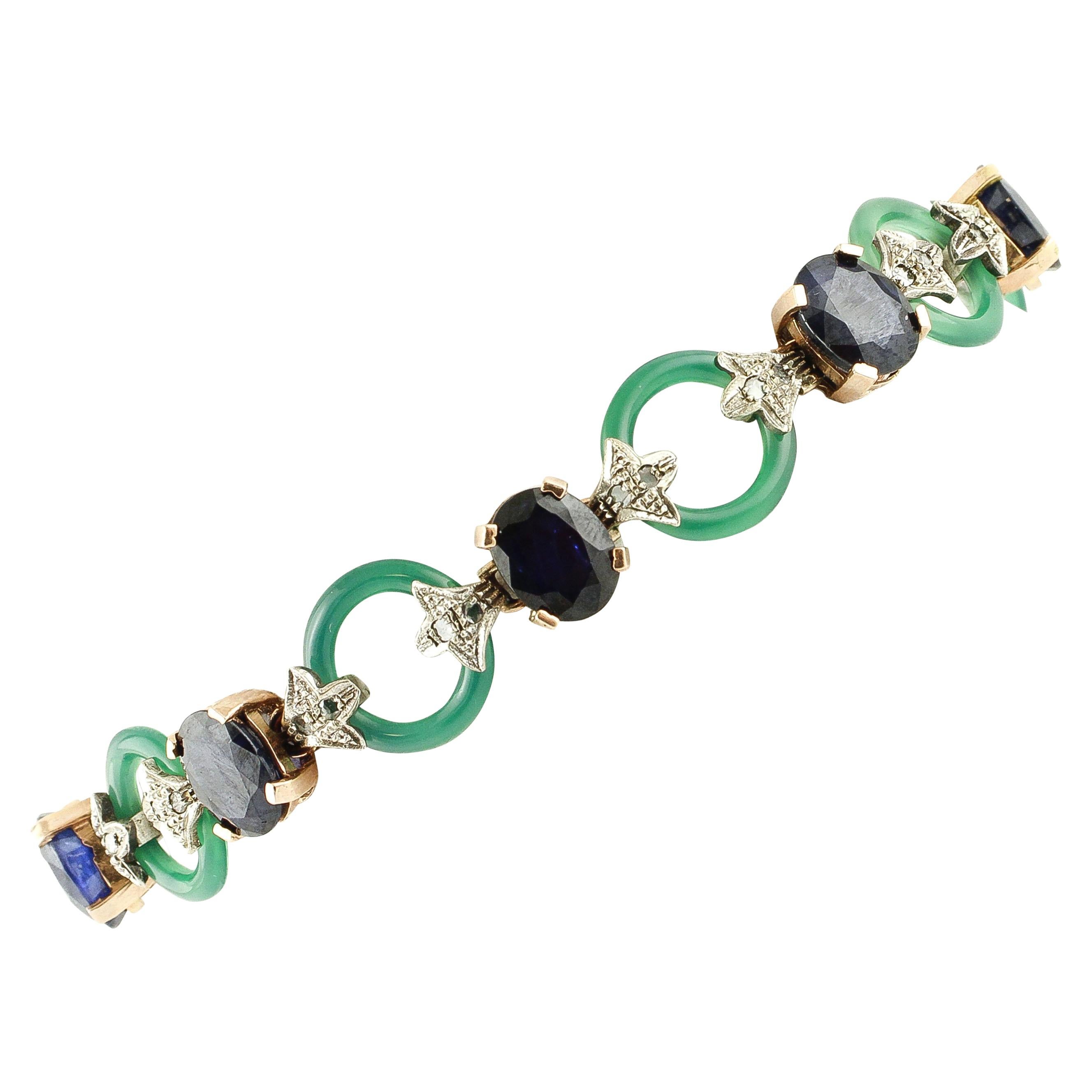 Diamonds Blue Sapphires Green Agate Rings Rose Gold and Silver Link Bracelet