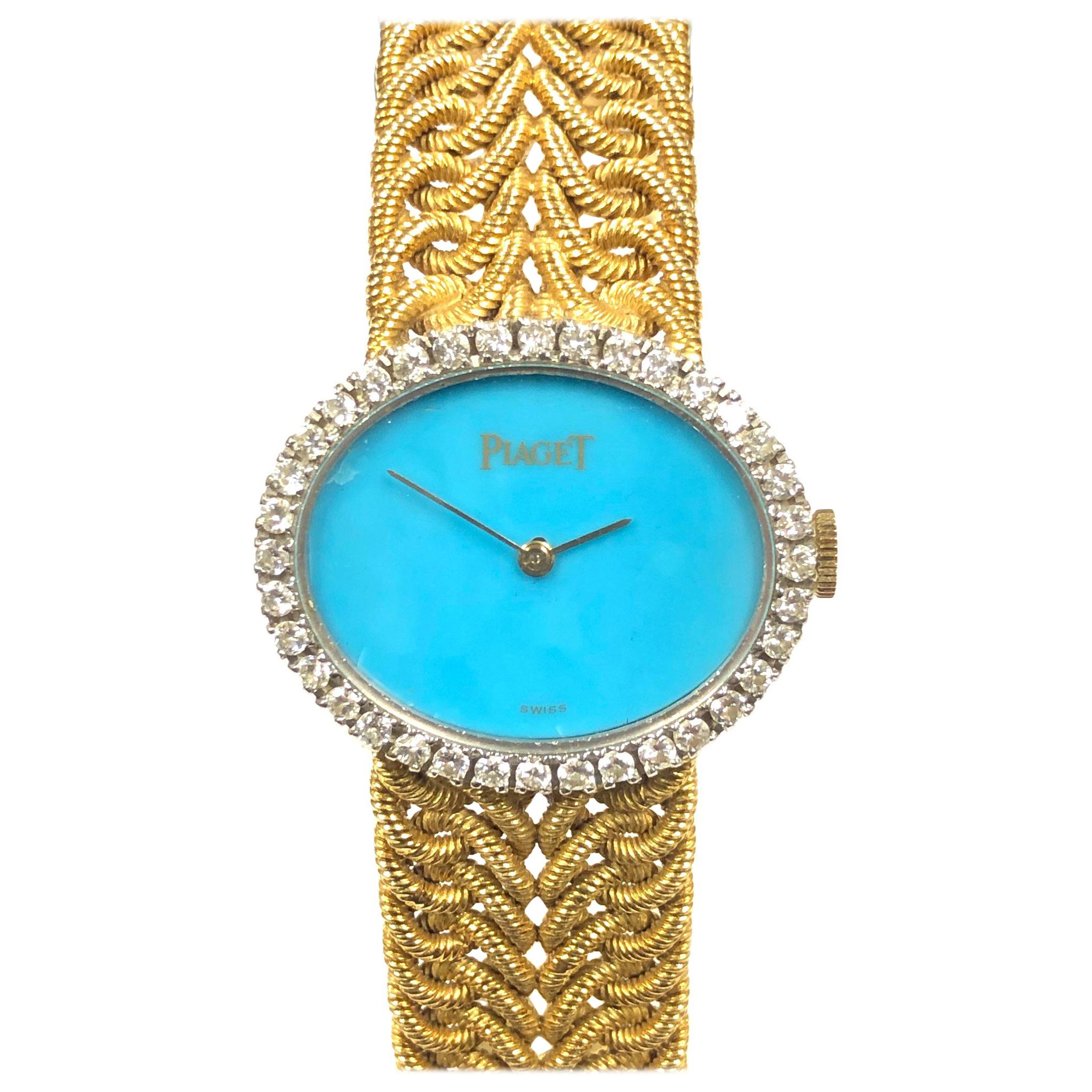 Piaget Ladies Yellow Gold Diamond and Turquoise Dial Mechanical Watch