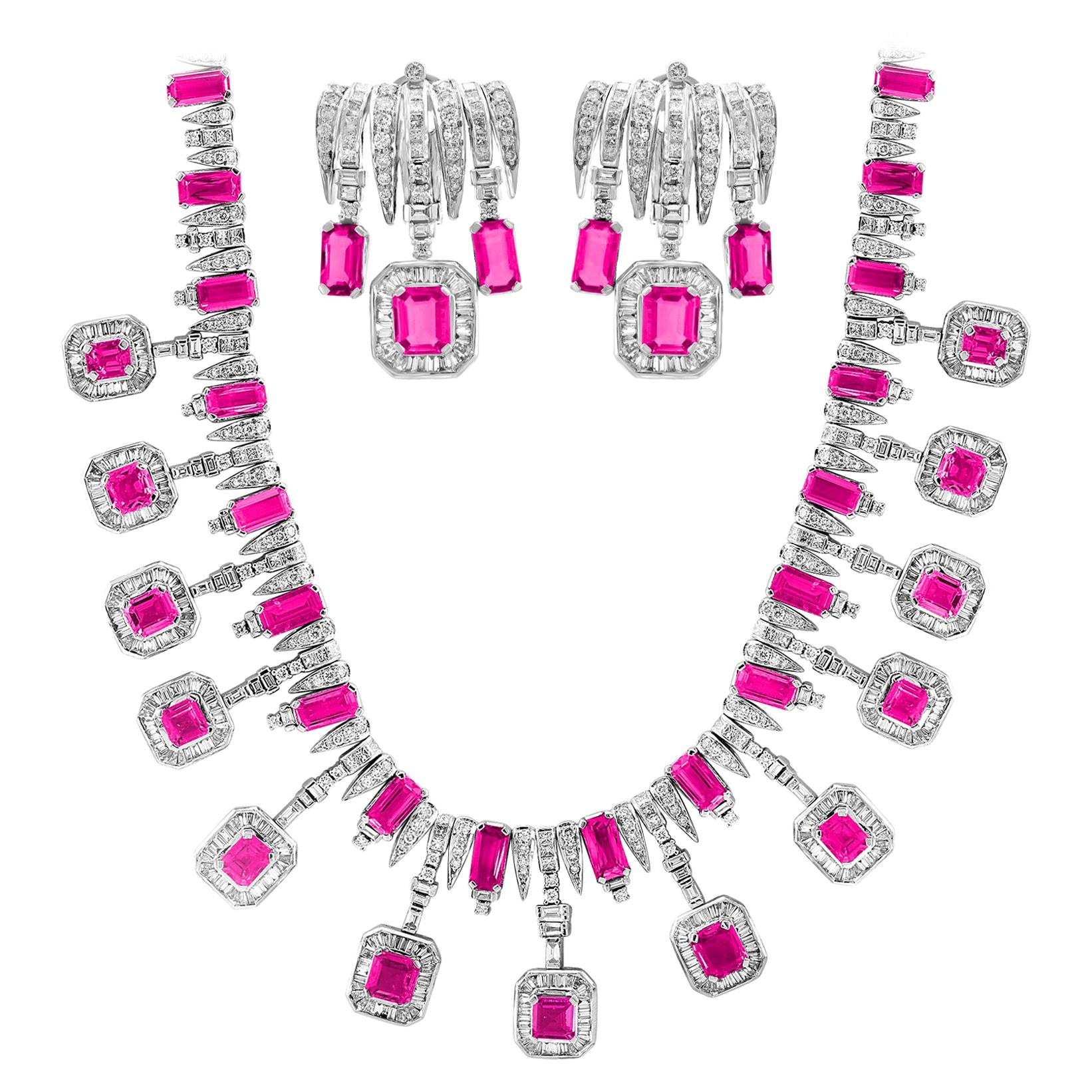 GIA zertifiziert, keine Hitze, 60 Karat rosa Saphir & 25 Karat Diamant Halskette Suite 18 Kt