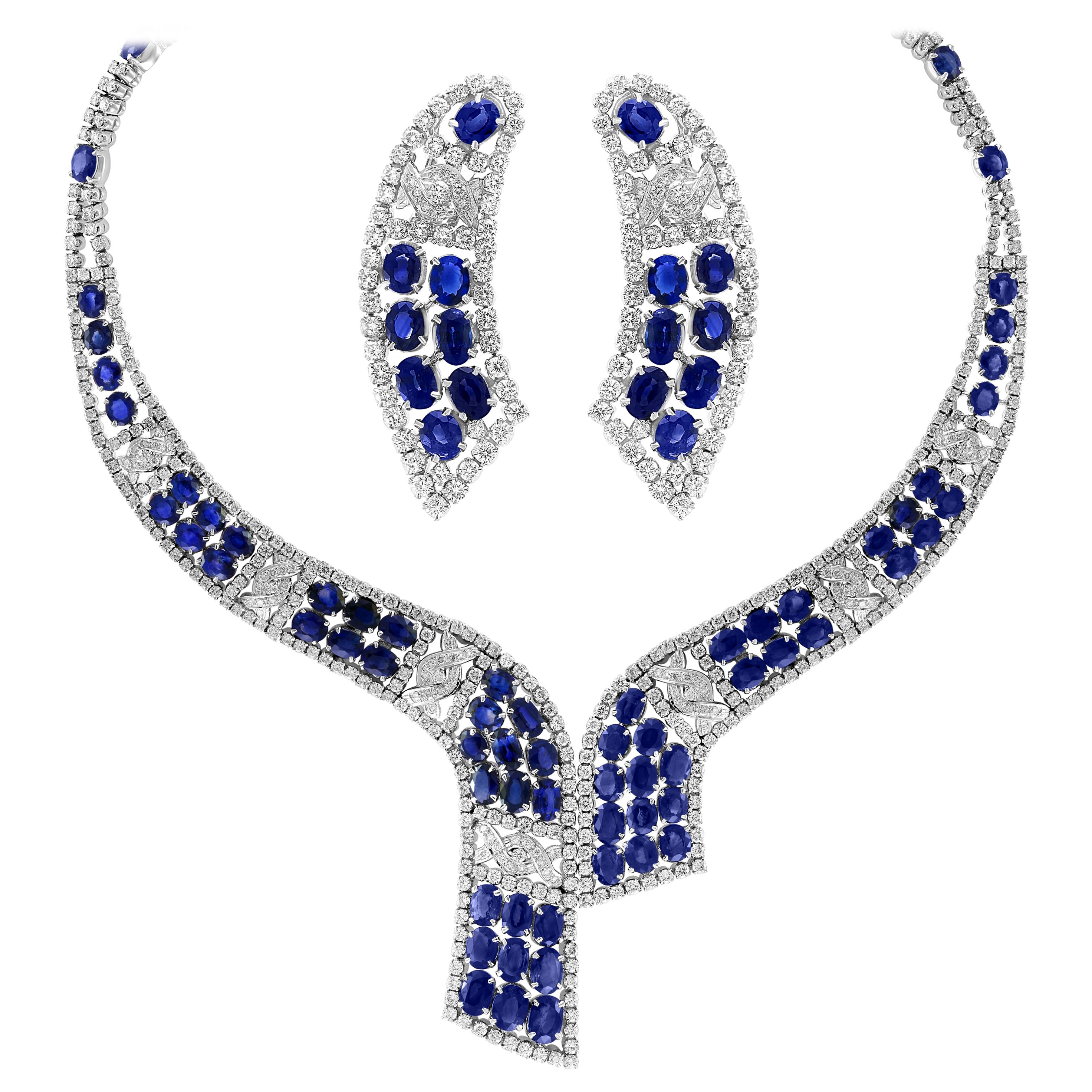 GIA Certified 102 Ct Natural Blue Sapphire & 25 Ct Diamond Necklace Suite 18 Kt