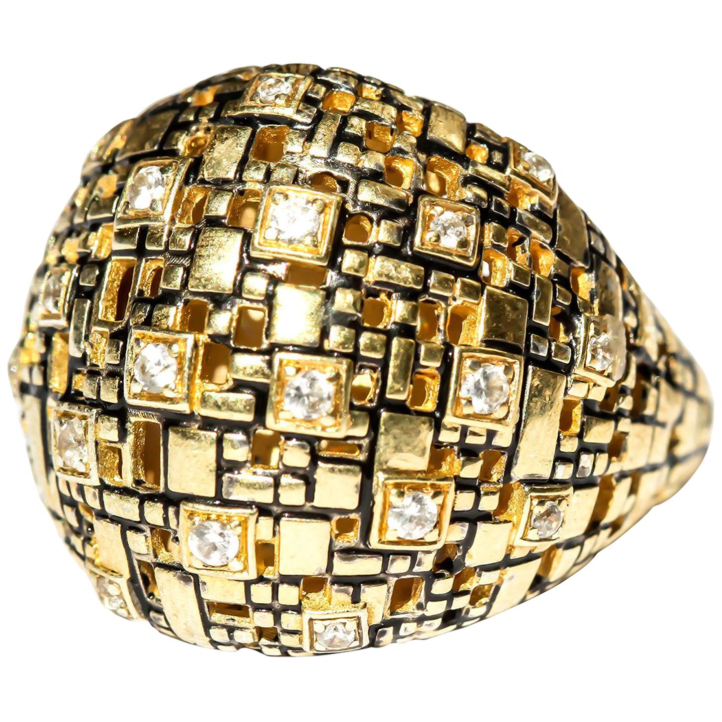 Bitcoin Blockchain Dome 18K Gold and Diamond Ring