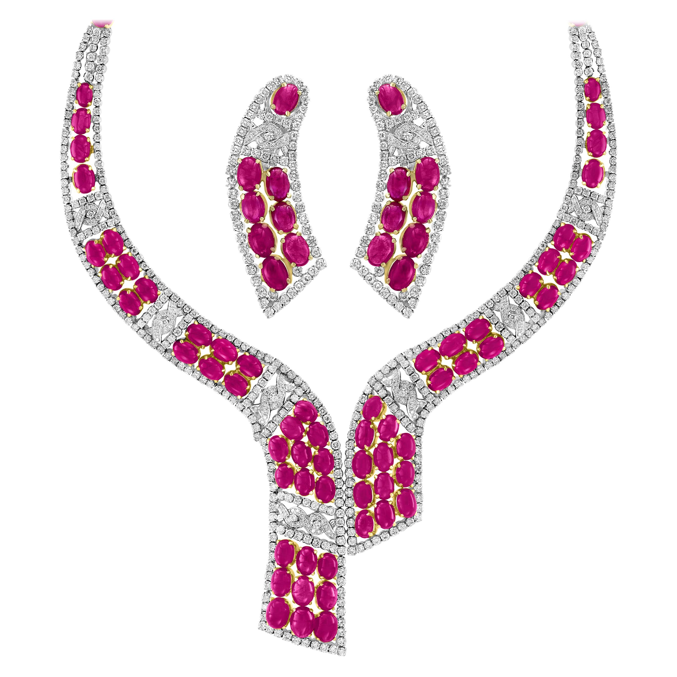 GIA Certified 112 Ct Burma Ruby Cabochon & 25 Carat Diamond Necklace Suite 18 Kt