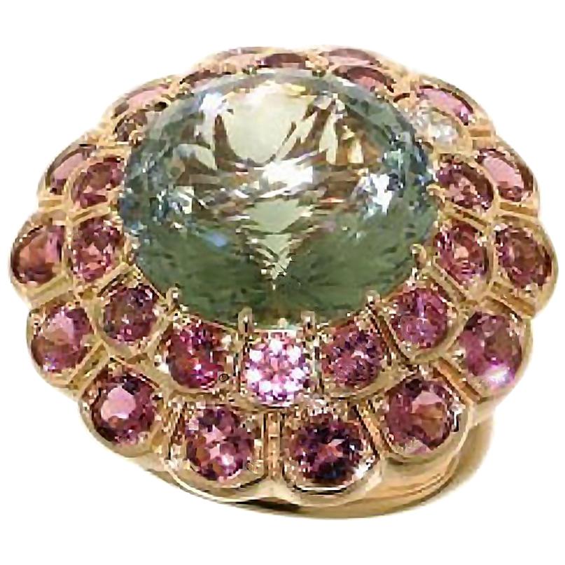 Rhodolite Garnet Prasiolite Diamond 18 Karat Rose Gold Cocktail Ring For Sale
