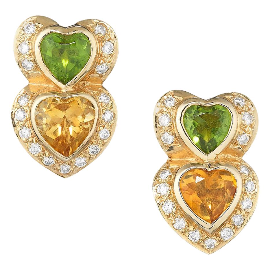 Yellow Gold Double Heart Shaped Peridot Citrine and Diamond Earrings